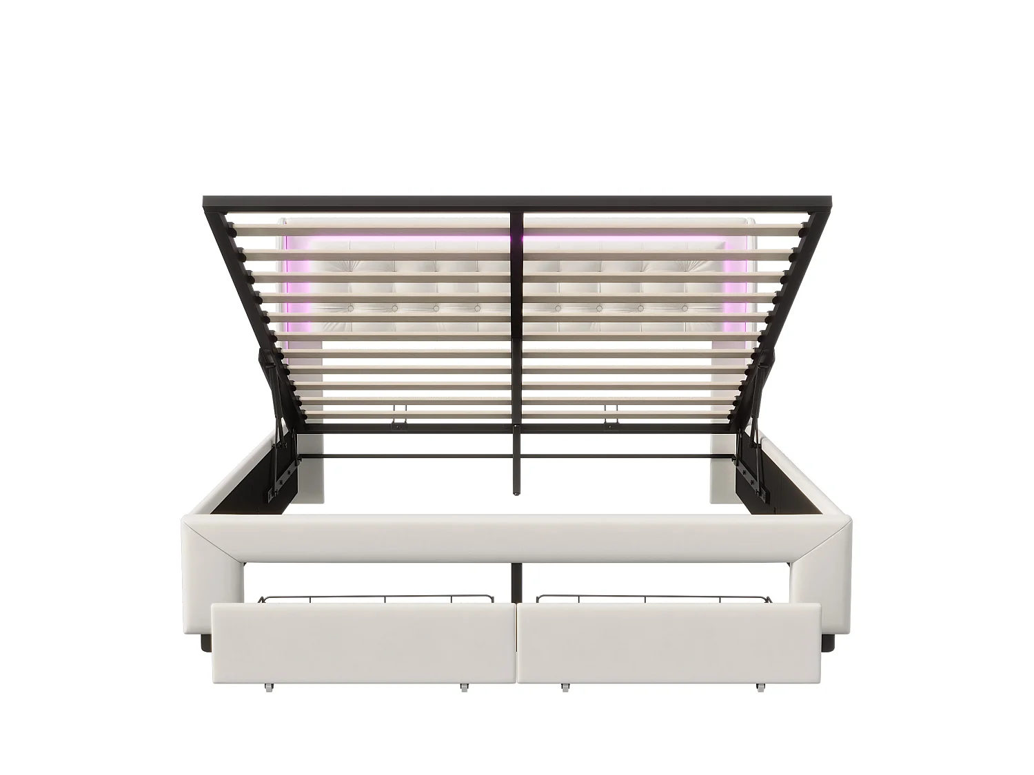 DreamMespace Lit Coffre 180x200 cm King Size avec 2 Tiroirs - Lit Double Hydraulique avec LED, Velours Beige