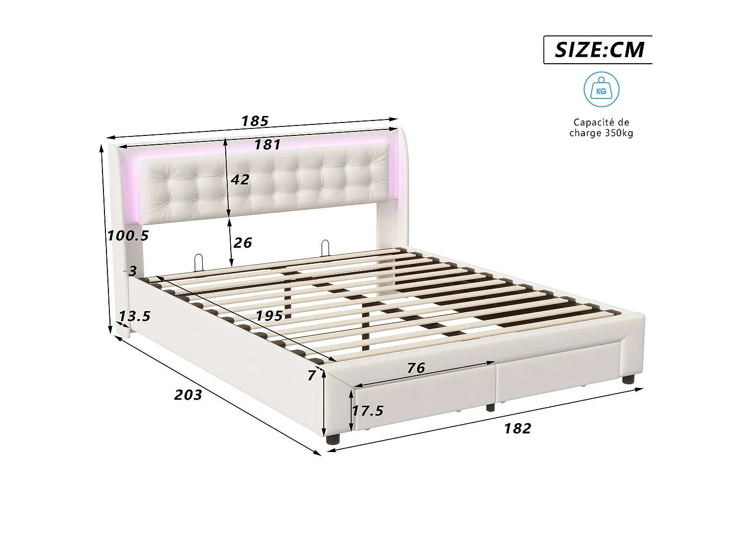 DreamMespace Lit Coffre 180x200 cm King Size avec 2 Tiroirs - Lit Double Hydraulique avec LED, Velours Beige