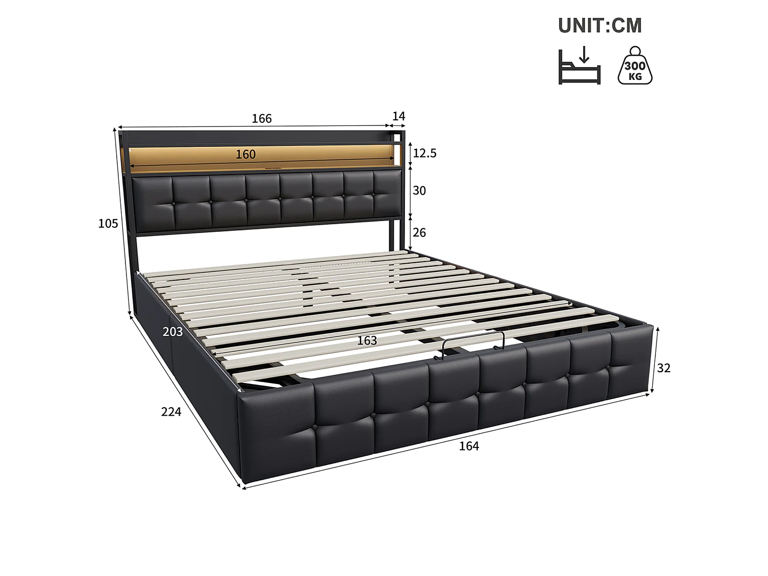 DreamMespace Lit Coffre 160x200 cm Queen Size - Lit Double Hydraulique avec Tête de Lit LED & USB-C, Similicuir Noir