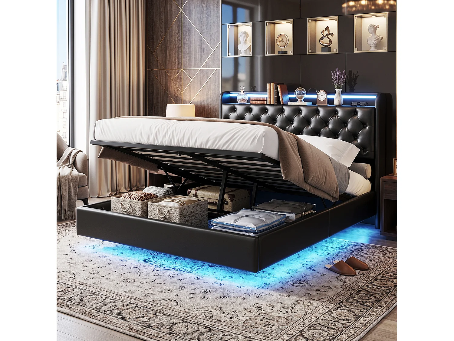 DreamMespace Lit Flottant Coffre 140x200 cm - Lit Double avec Tête Rabattable LED & USB-C, Similicuir Noir