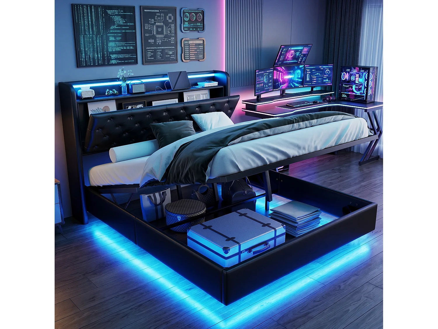 DreamMespace Lit Flottant Coffre 140x200 cm - Lit Double avec Tête Rabattable LED & USB-C, Similicuir Noir