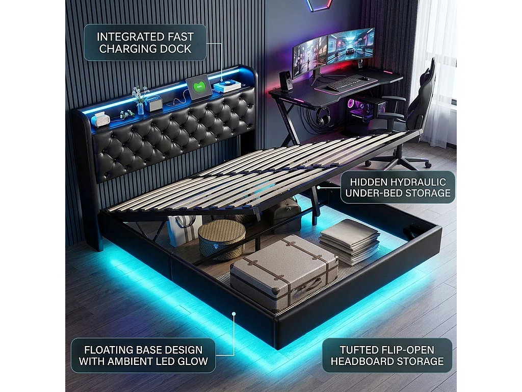 DreamMespace Lit Flottant Coffre 140x200 cm - Lit Double avec Tête Rabattable LED & USB-C, Similicuir Noir