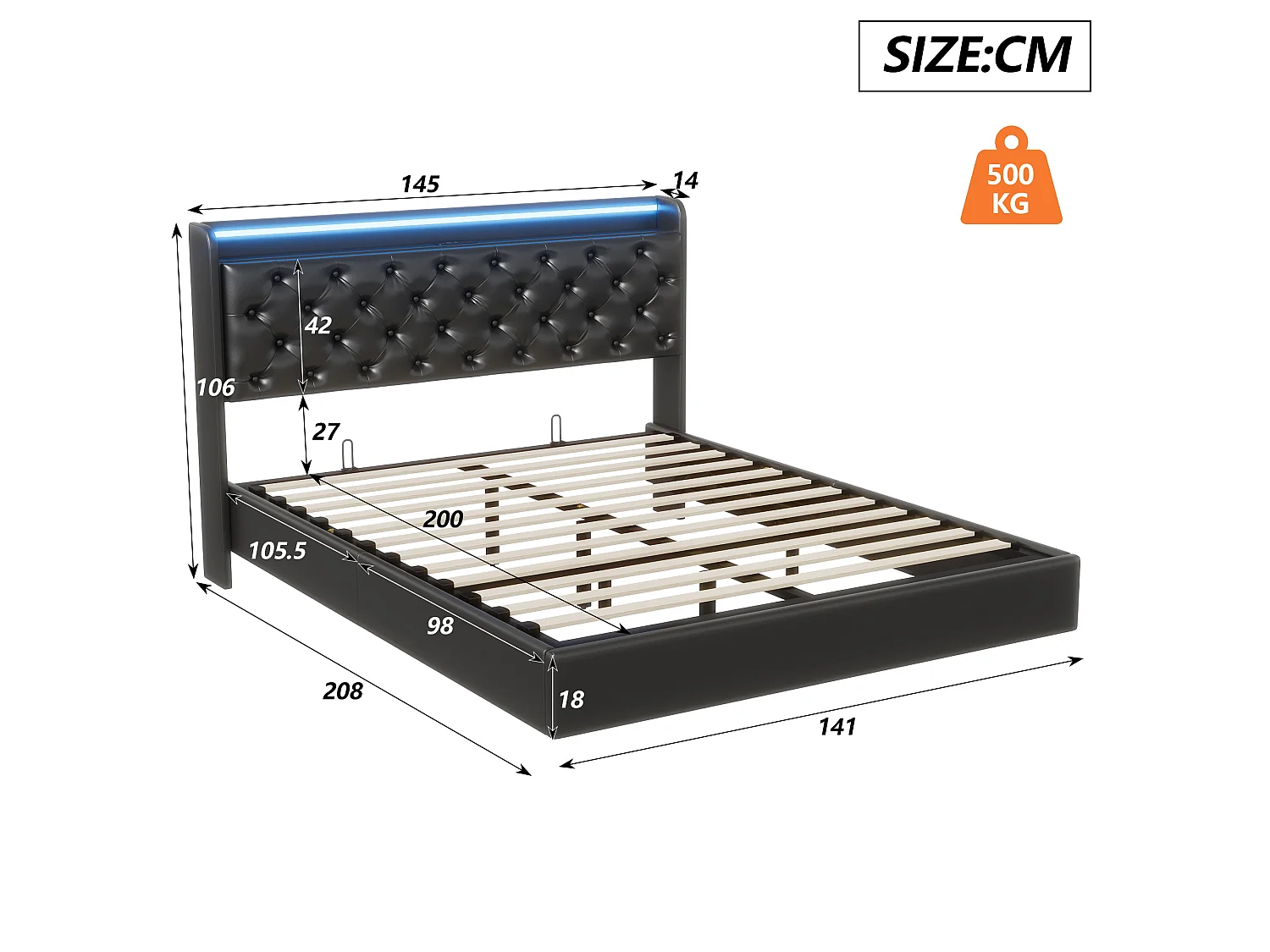 DreamMespace Lit Flottant Coffre 140x200 cm - Lit Double avec Tête Rabattable LED & USB-C, Similicuir Noir