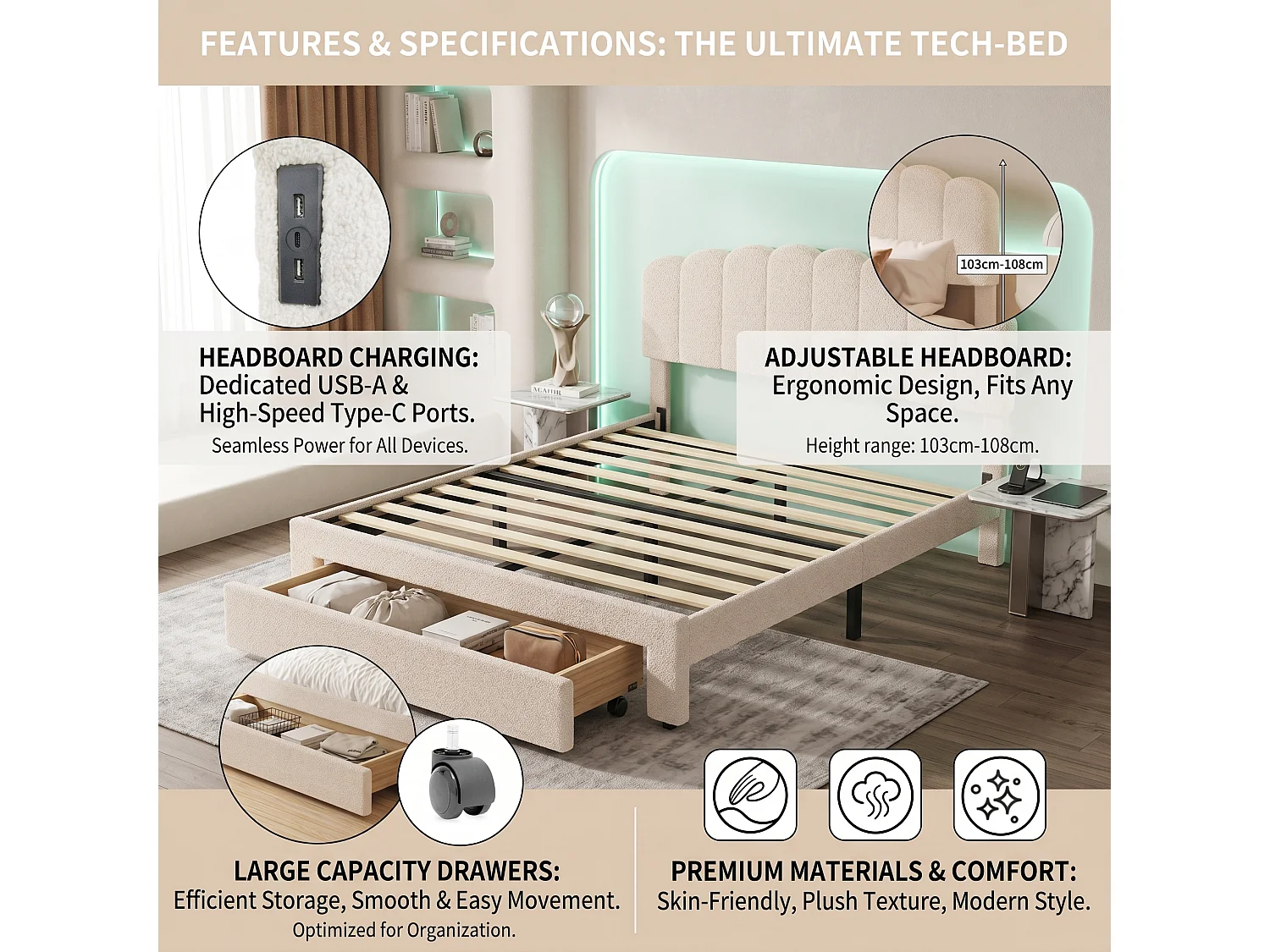DreamMespace Lit Double 140x200 cm avec 1 Grand Tiroir - Lit Pétale avec Prise USB Type-C, Tissu Bouclette Beige