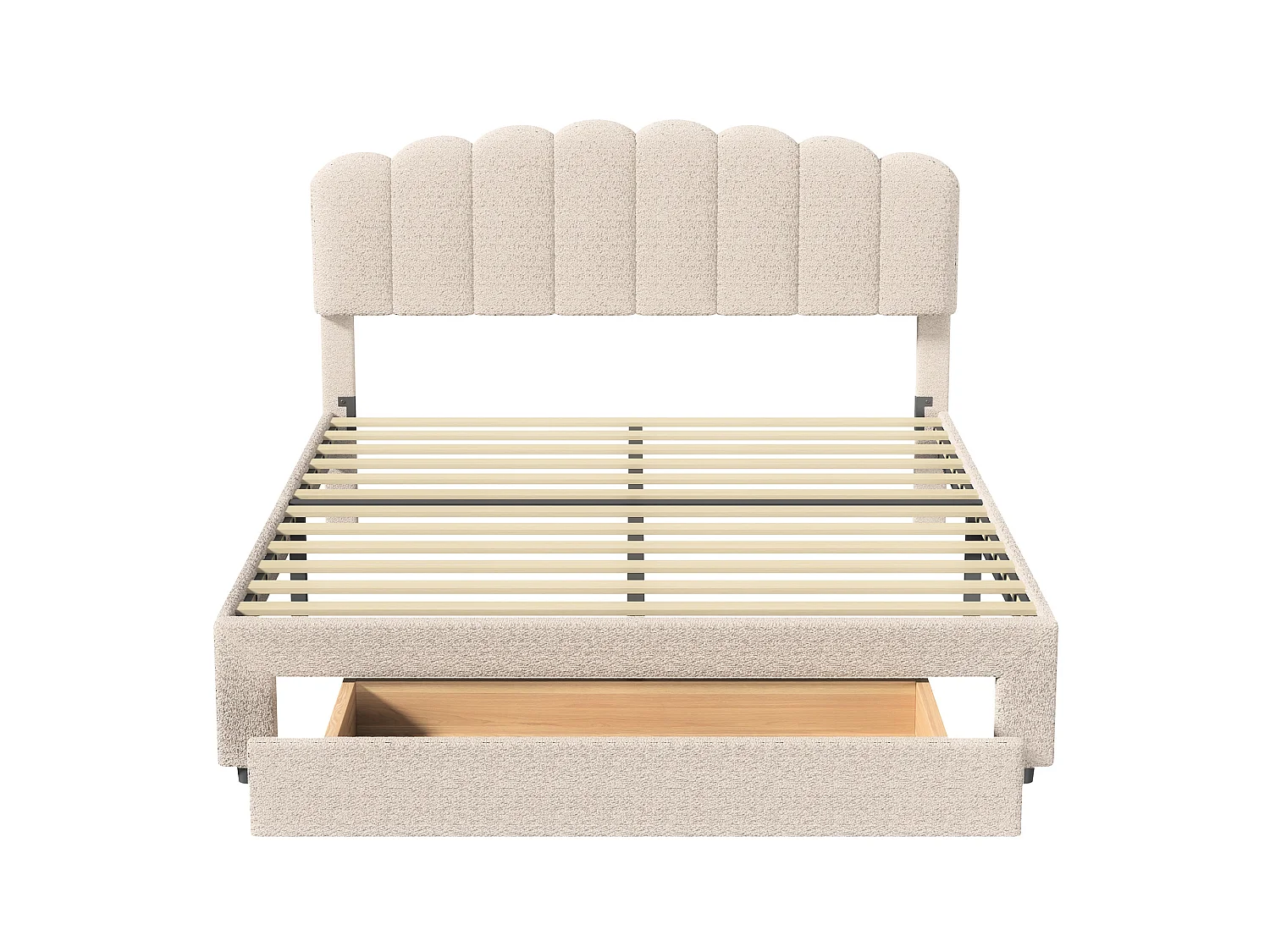 DreamMespace Lit Double 140x200 cm avec 1 Grand Tiroir - Lit Pétale avec Prise USB Type-C, Tissu Bouclette Beige