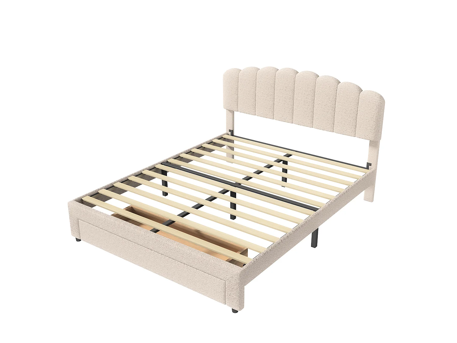DreamMespace Lit Double 140x200 cm avec 1 Grand Tiroir - Lit Pétale avec Prise USB Type-C, Tissu Bouclette Beige