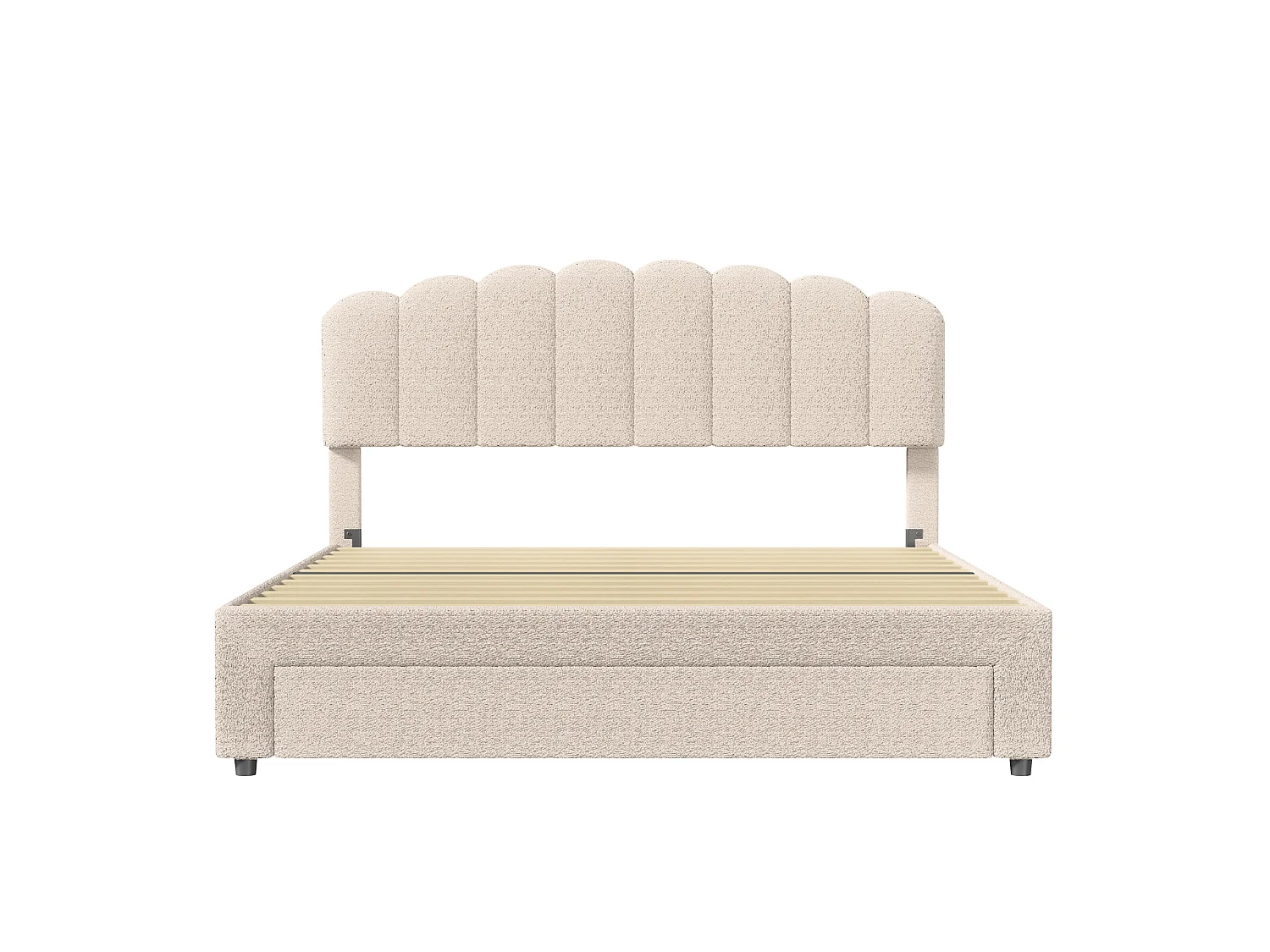 DreamMespace Lit Double 140x200 cm avec 1 Grand Tiroir - Lit Pétale avec Prise USB Type-C, Tissu Bouclette Beige