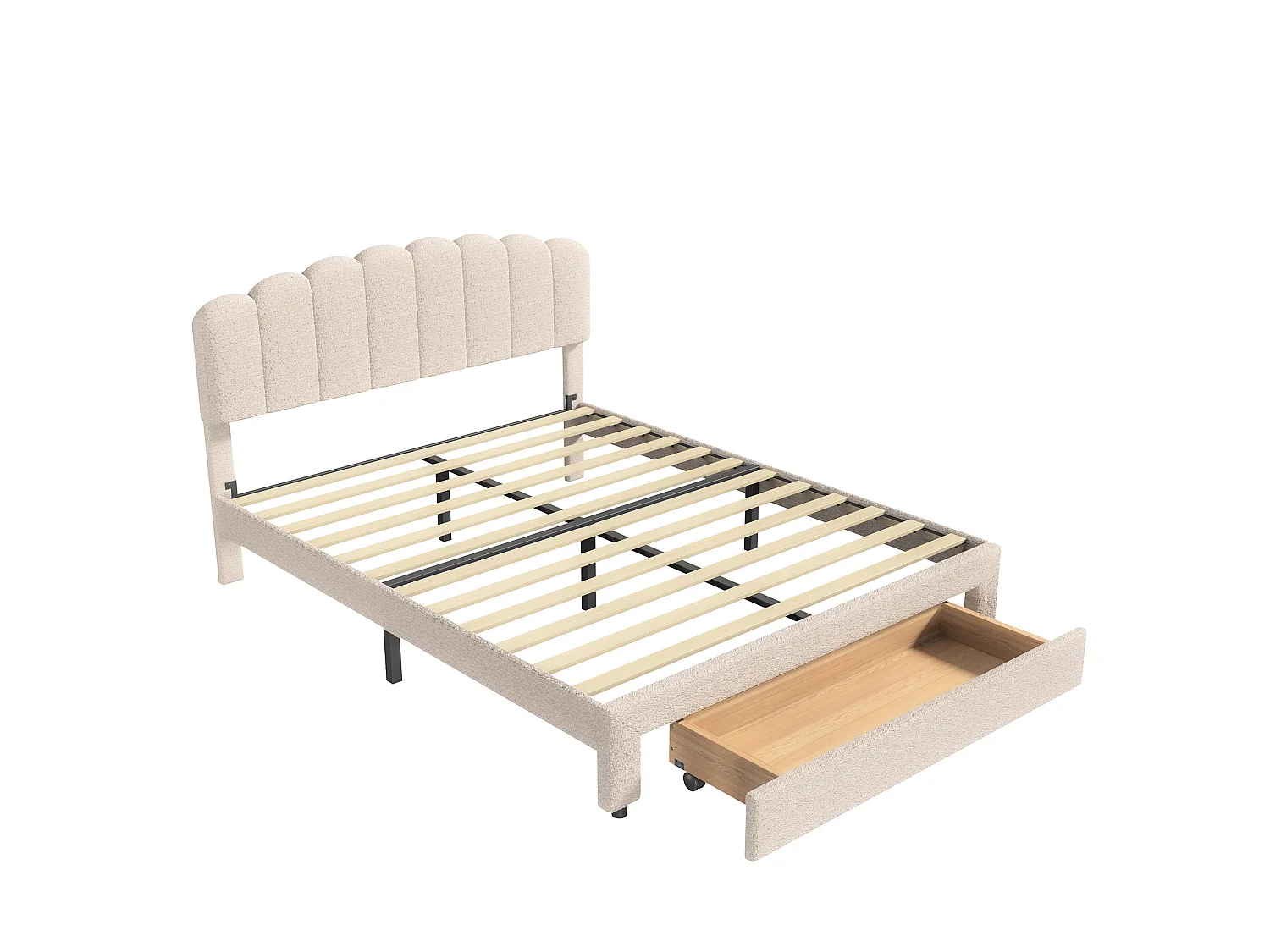 DreamMespace Lit Double 140x200 cm avec 1 Grand Tiroir - Lit Pétale avec Prise USB Type-C, Tissu Bouclette Beige