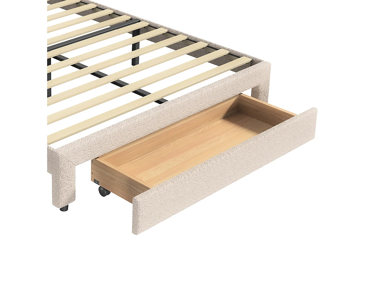 DreamMespace Lit Double 140x200 cm avec 1 Grand Tiroir - Lit Pétale avec Prise USB Type-C, Tissu Bouclette Beige