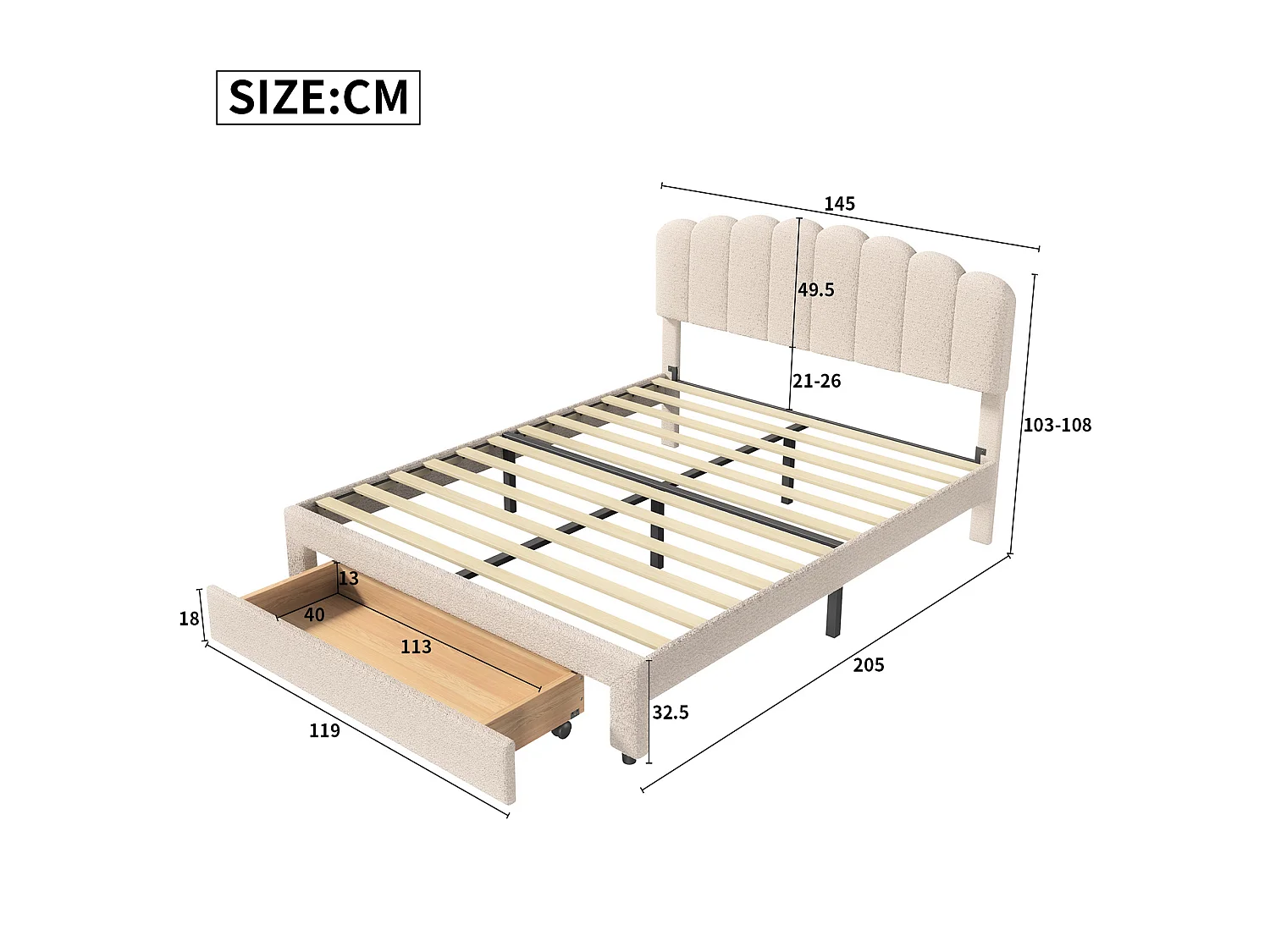 DreamMespace Lit Double 140x200 cm avec 1 Grand Tiroir - Lit Pétale avec Prise USB Type-C, Tissu Bouclette Beige