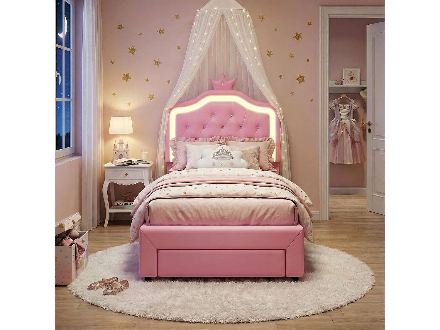 DreamMespace Lit Rembourré 90x200 cm - Lit Enfant Couronne LED RGB & Tiroir de Rangement, Simili Cuir Rose