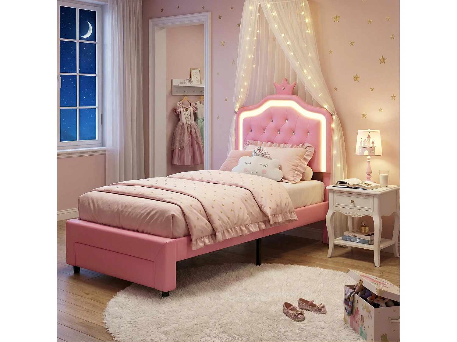 DreamMespace Lit Rembourré 90x200 cm - Lit Enfant Couronne LED RGB & Tiroir de Rangement, Simili Cuir Rose