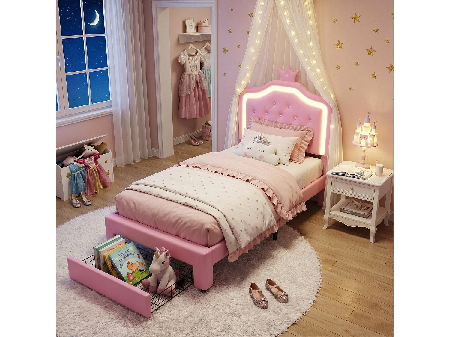 DreamMespace Lit Rembourré 90x200 cm - Lit Enfant Couronne LED RGB & Tiroir de Rangement, Simili Cuir Rose