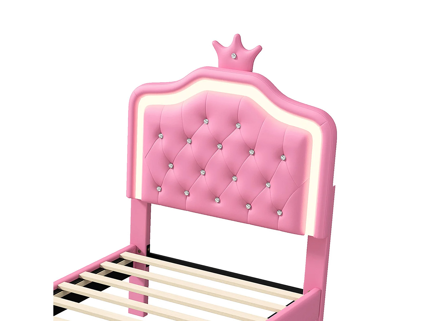 DreamMespace Lit Rembourré 90x200 cm - Lit Enfant Couronne LED RGB & Tiroir de Rangement, Simili Cuir Rose