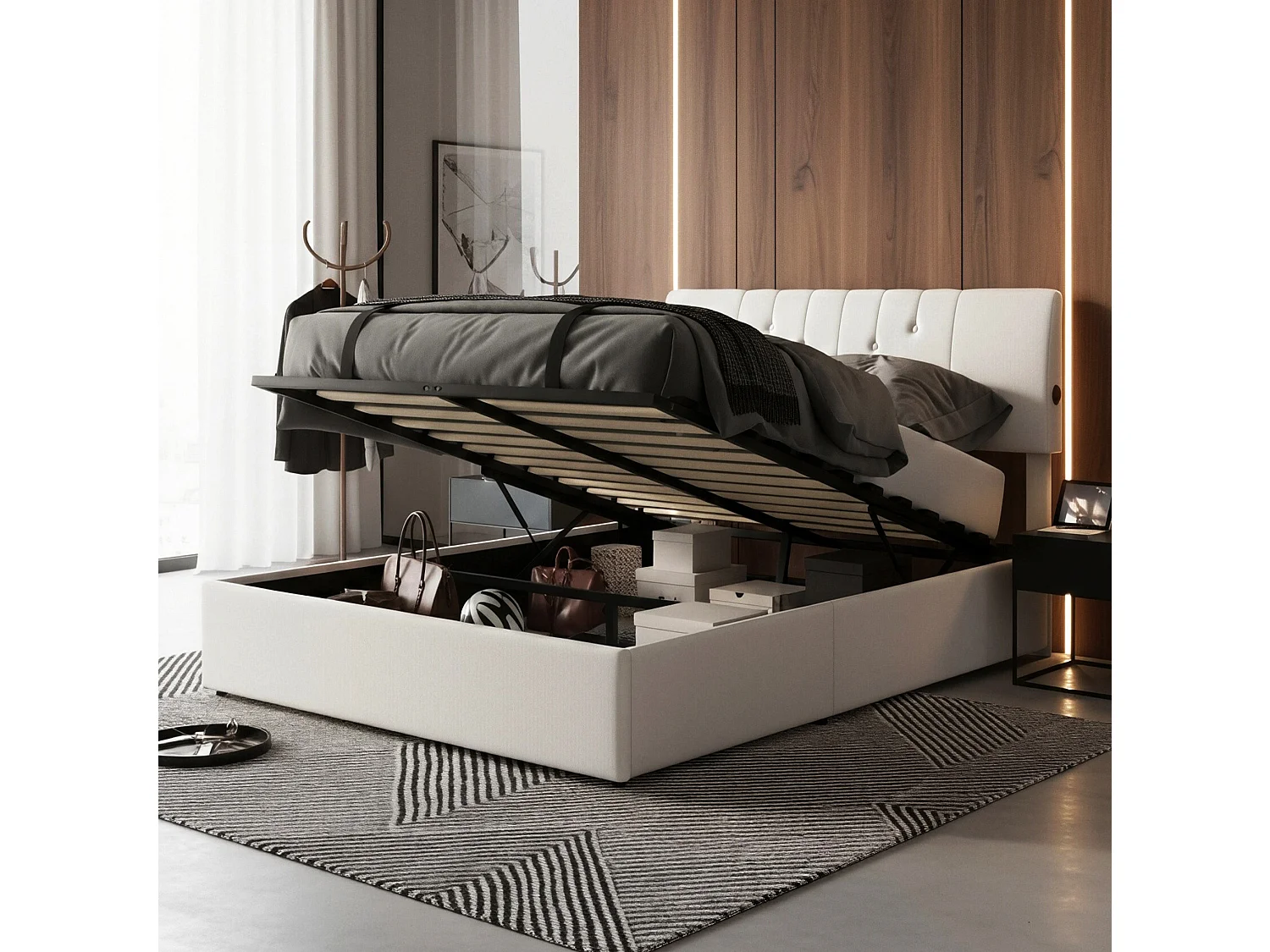 DreamMespace Lit Coffre 160x200 cm Queen Size - Lit Double Hydraulique avec Ports USB-C Bilatéraux, Tissu Bouclette Blanc Cassé