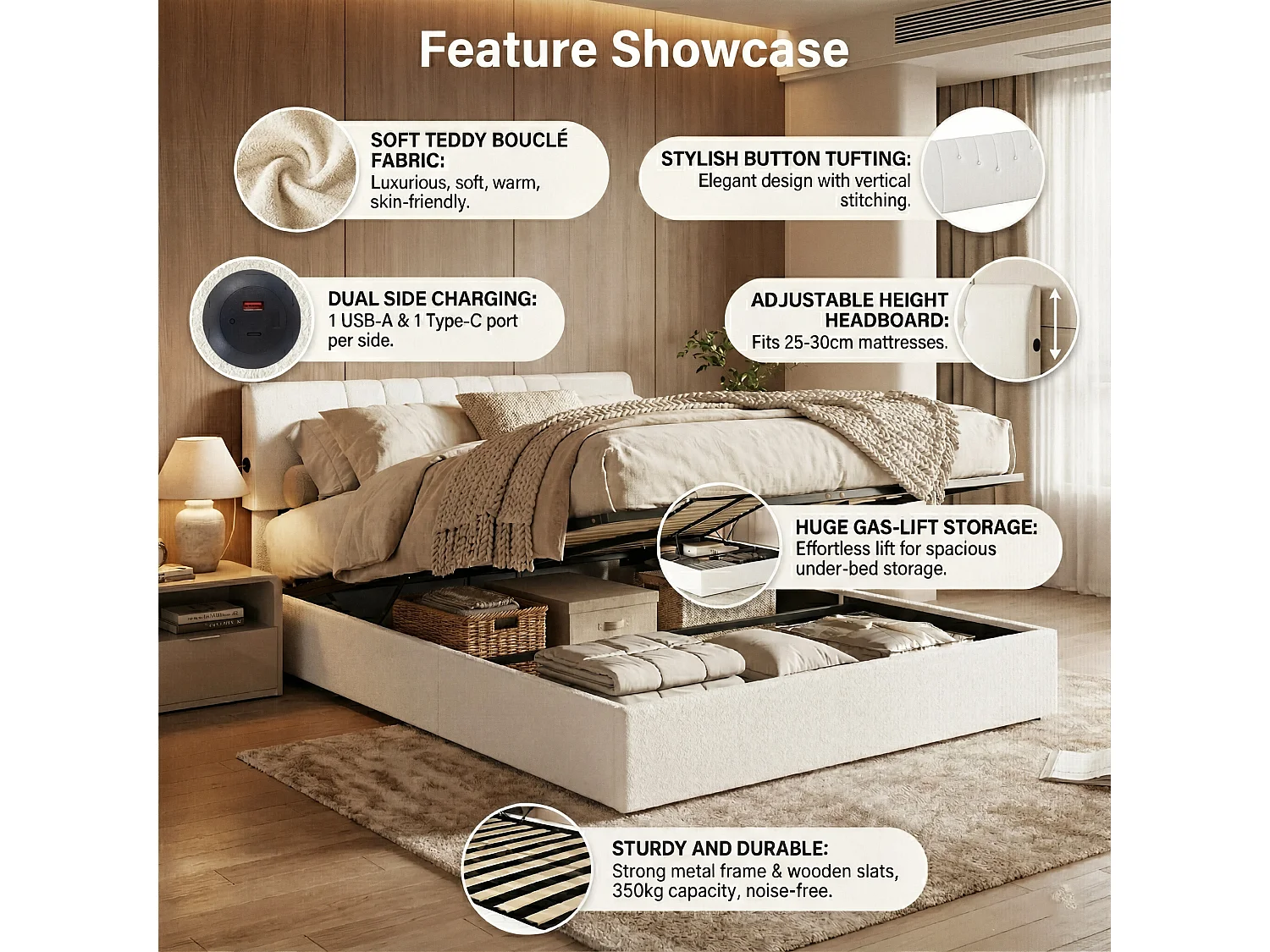 DreamMespace Lit Coffre 160x200 cm Queen Size - Lit Double Hydraulique avec Ports USB-C Bilatéraux, Tissu Bouclette Blanc Cassé