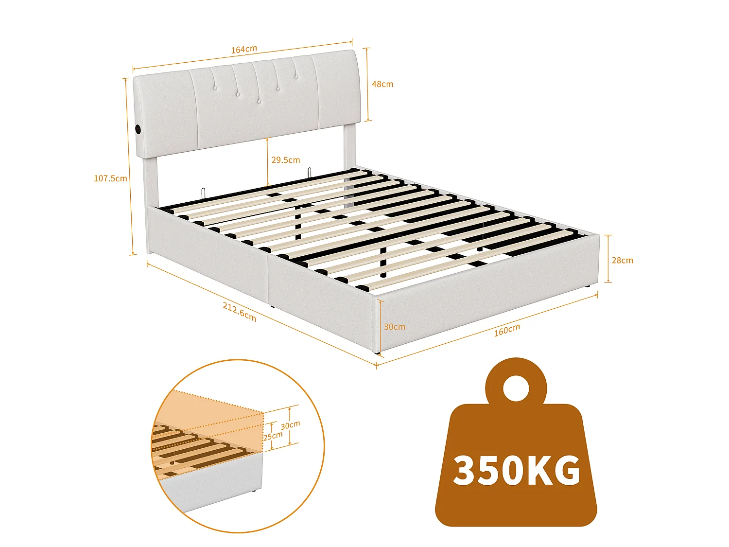 DreamMespace Lit Coffre 160x200 cm Queen Size - Lit Double Hydraulique avec Ports USB-C Bilatéraux, Tissu Bouclette Blanc Cassé