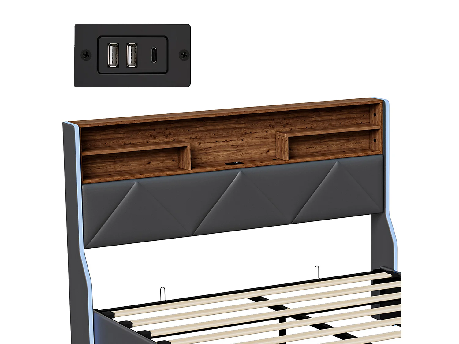 DreamMespace Lit Coffre 140x200 cm - Rangement Hydraulique avec Tête de Lit Port USB Type-C & LED, Similicuir Noir
