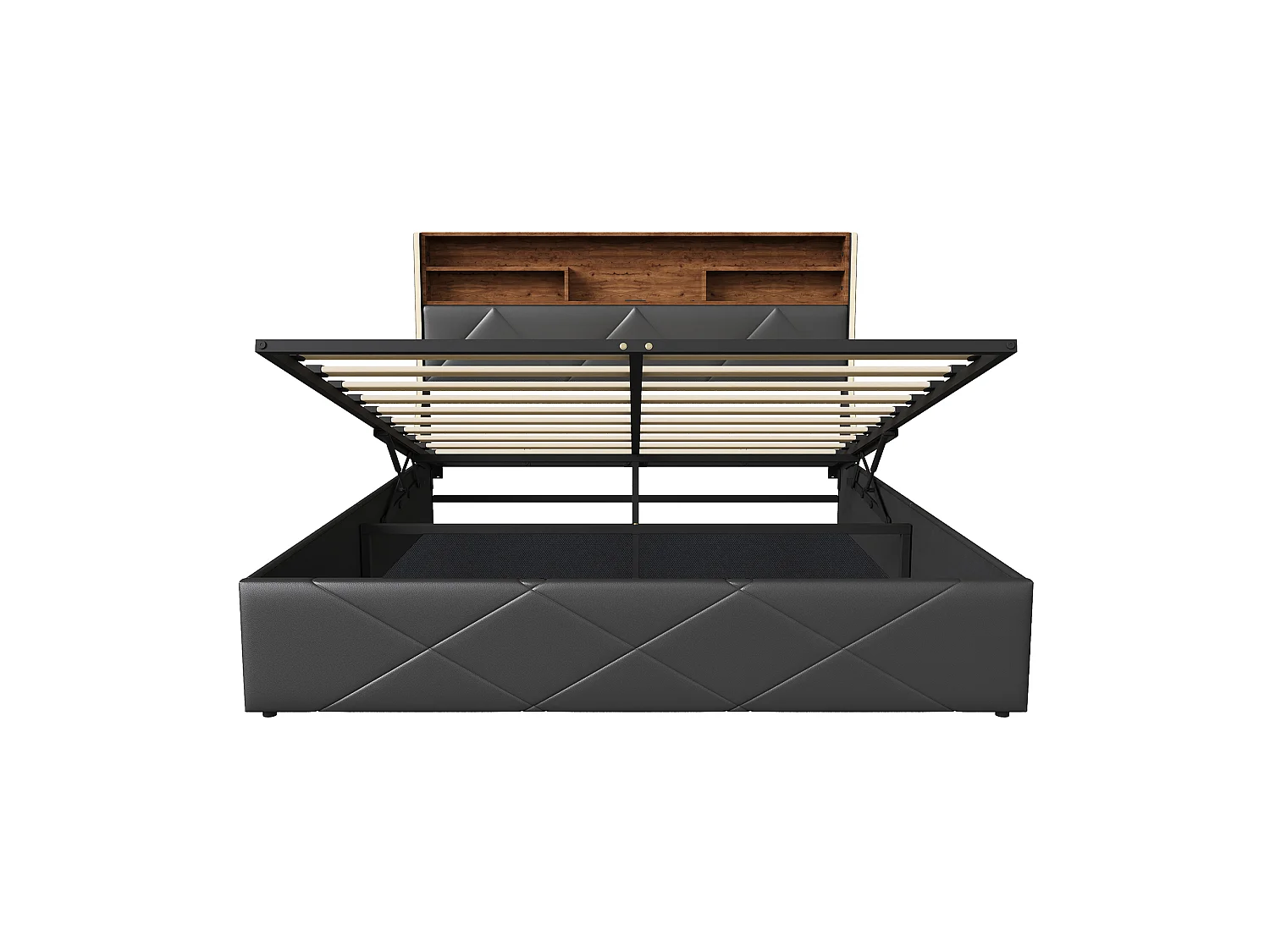 DreamMespace Lit Coffre 140x200 cm - Rangement Hydraulique avec Tête de Lit Port USB Type-C & LED, Similicuir Noir