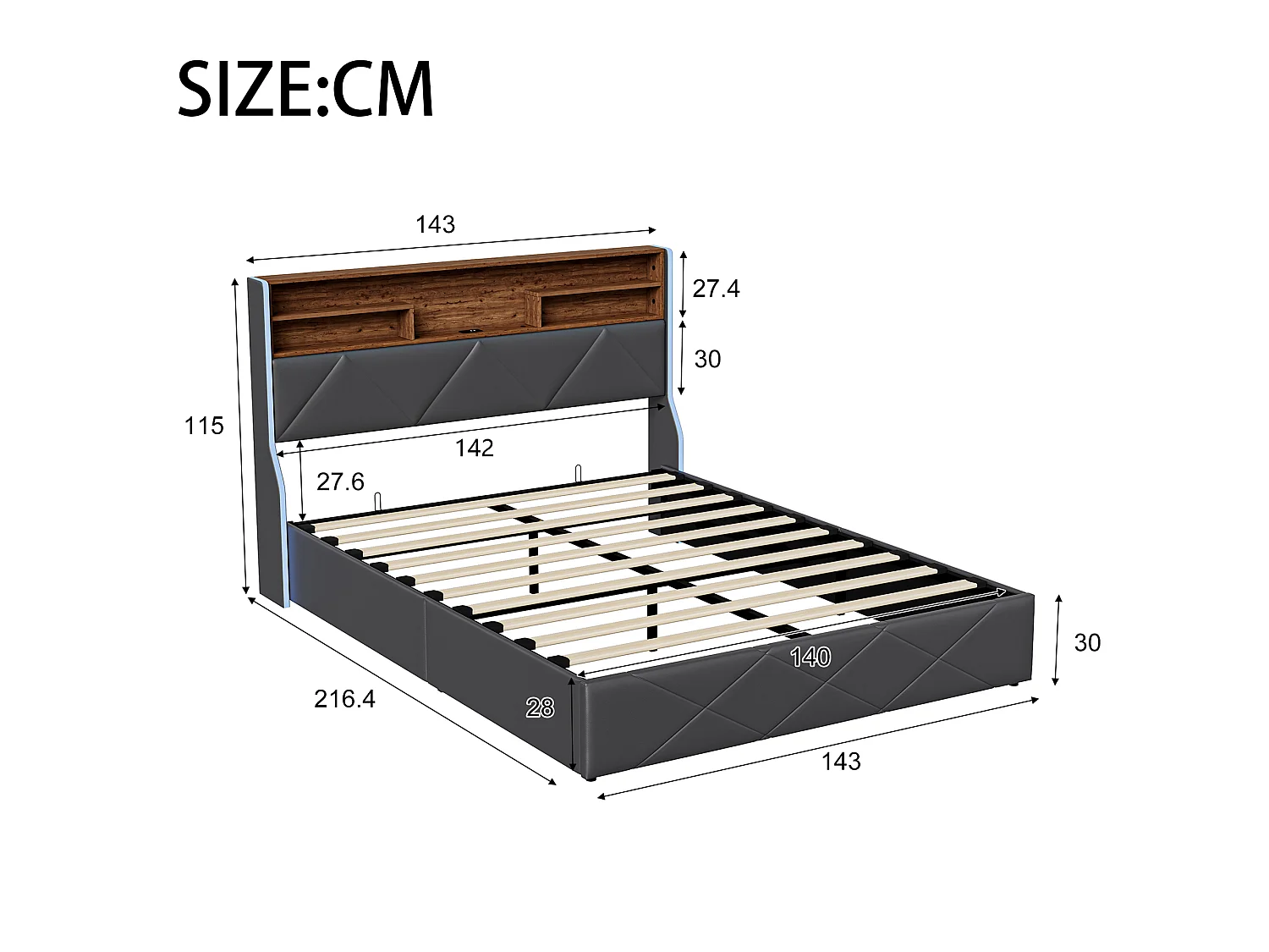 DreamMespace Lit Coffre 140x200 cm - Rangement Hydraulique avec Tête de Lit Port USB Type-C & LED, Similicuir Noir