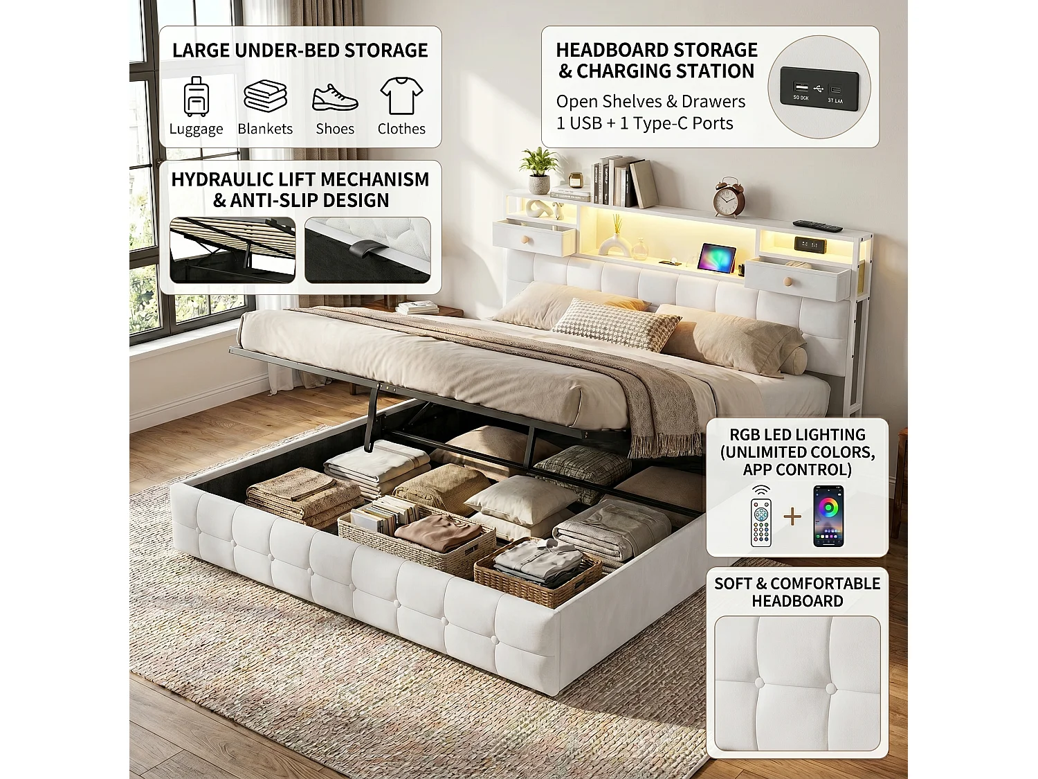 DreamMespace Lit Coffre 140x200 cm - Lit Double Hydraulique avec Rangement Tête de Lit LED & USB-C, Velours Beige
