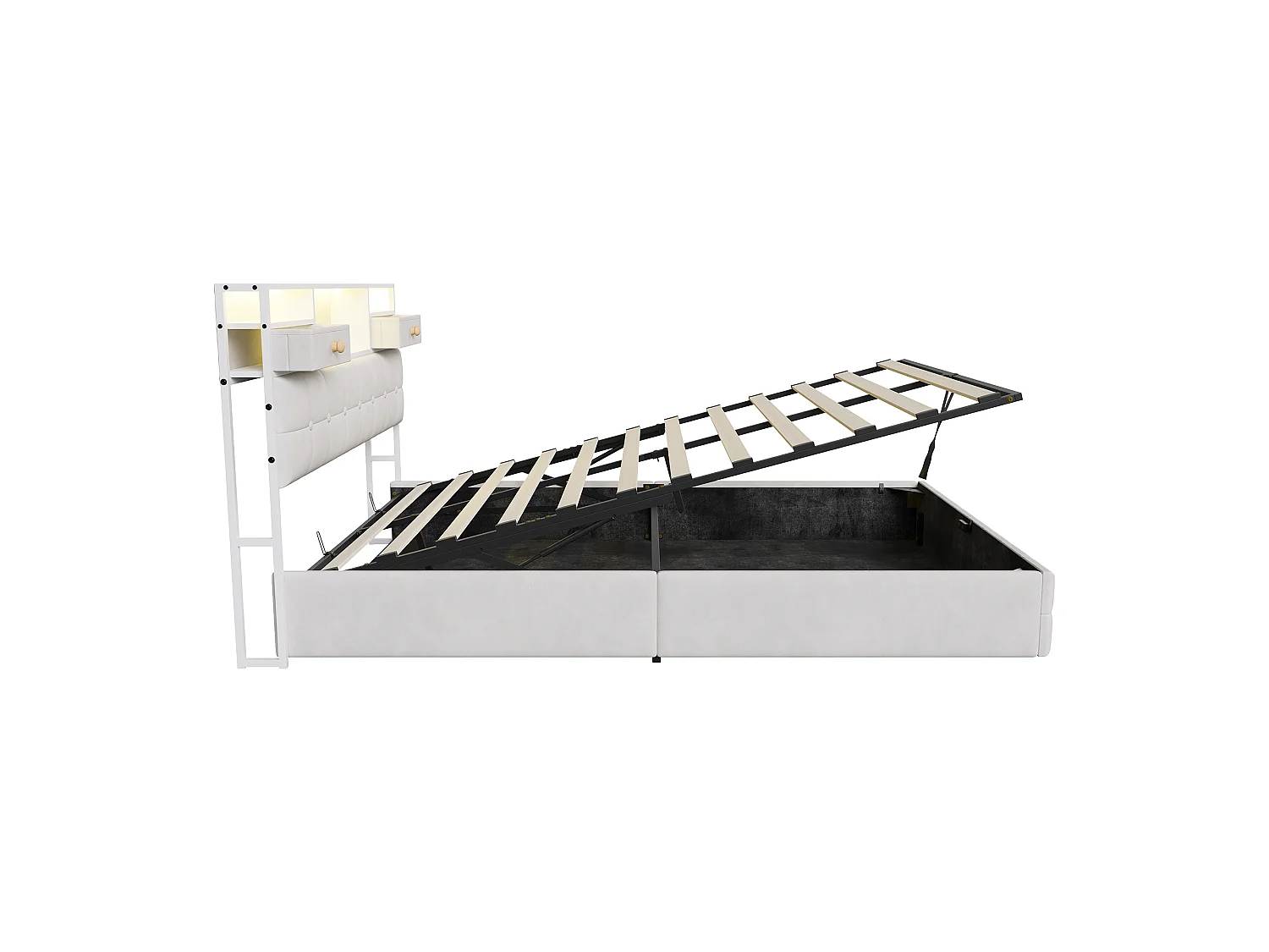 DreamMespace Lit Coffre 140x200 cm - Lit Double Hydraulique avec Rangement Tête de Lit LED & USB-C, Velours Beige