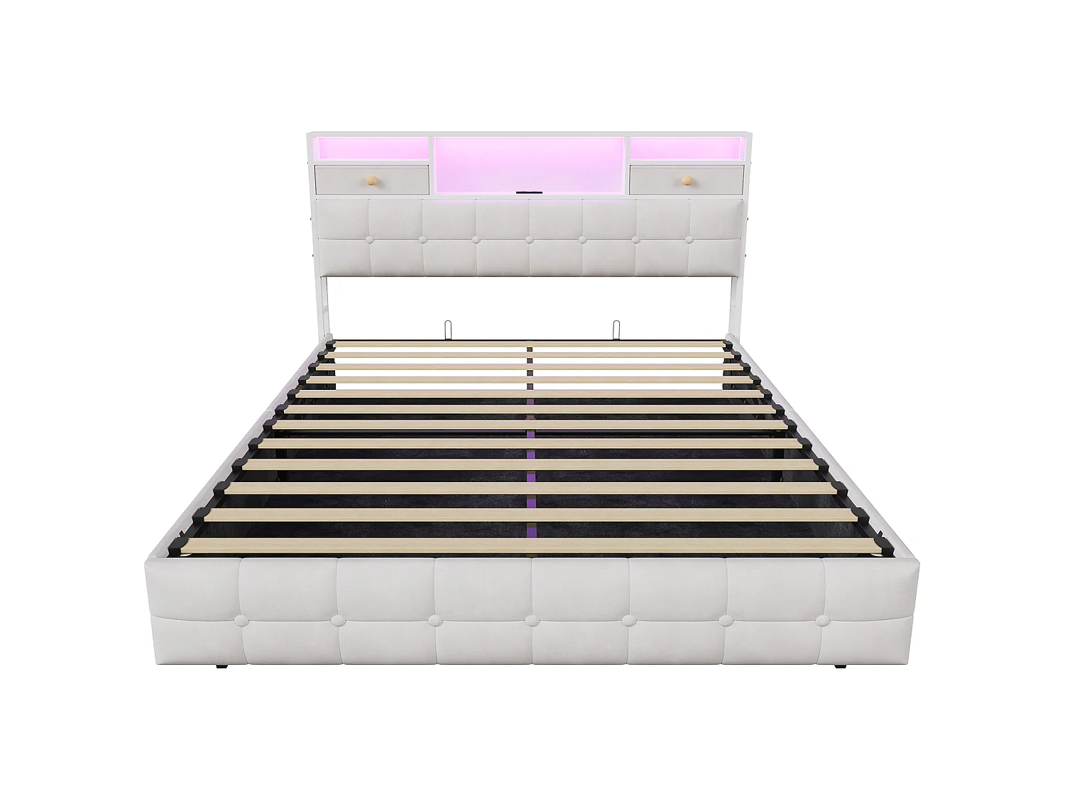 DreamMespace Lit Coffre 140x200 cm - Lit Double Hydraulique avec Rangement Tête de Lit LED & USB-C, Velours Beige