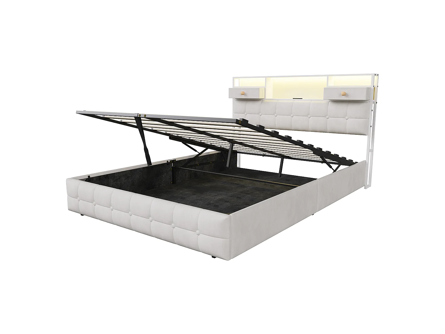 DreamMespace Lit Coffre 140x200 cm - Lit Double Hydraulique avec Rangement Tête de Lit LED & USB-C, Velours Beige