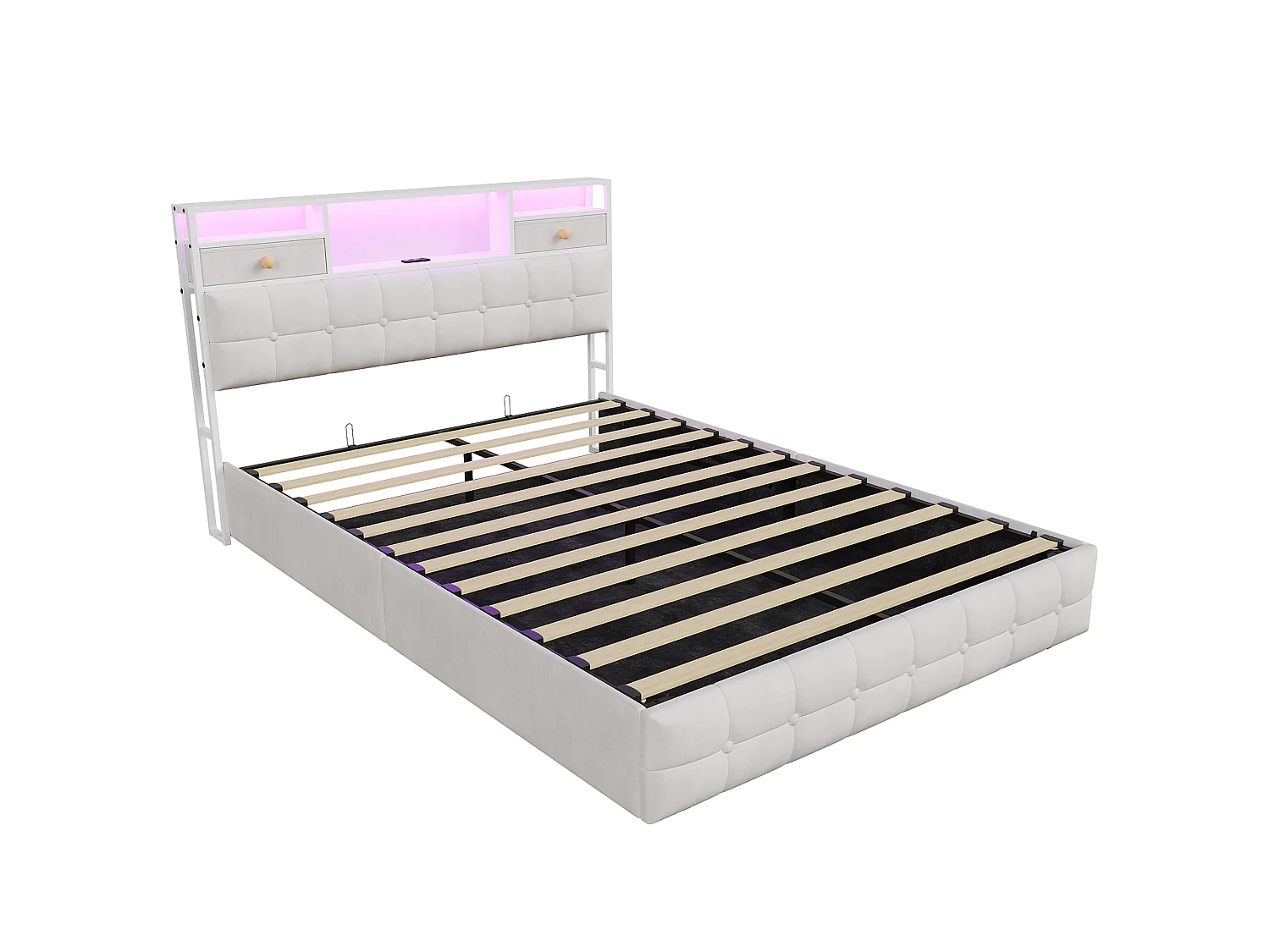 DreamMespace Lit Coffre 140x200 cm - Lit Double Hydraulique avec Rangement Tête de Lit LED & USB-C, Velours Beige