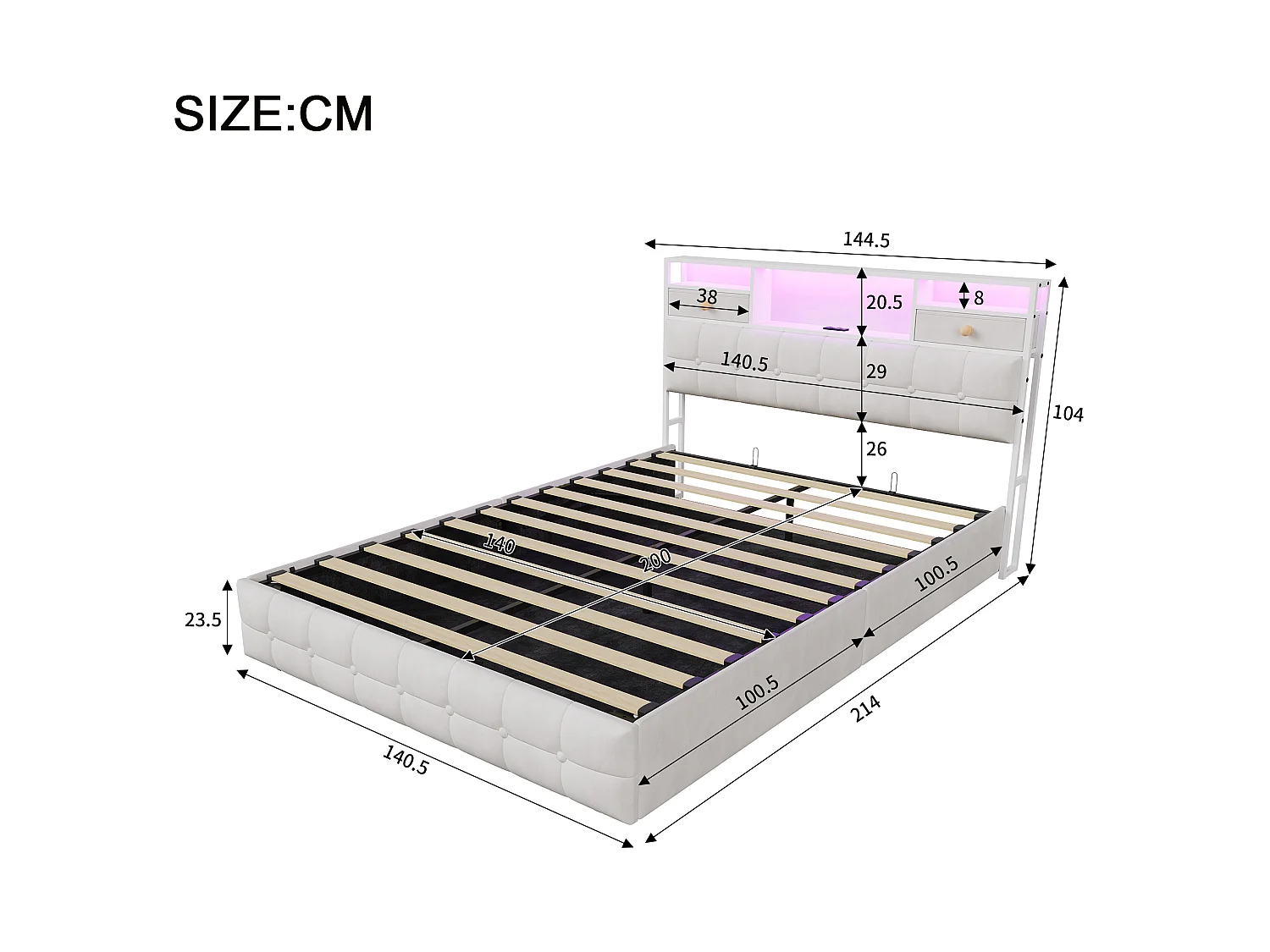 DreamMespace Lit Coffre 140x200 cm - Lit Double Hydraulique avec Rangement Tête de Lit LED & USB-C, Velours Beige