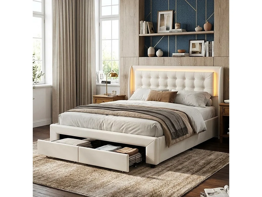 DreamMespace Lit Coffre 140x190 cm avec 2 Tiroirs - Lit Double Hydraulique avec Tête de Lit LED, Velours Beige