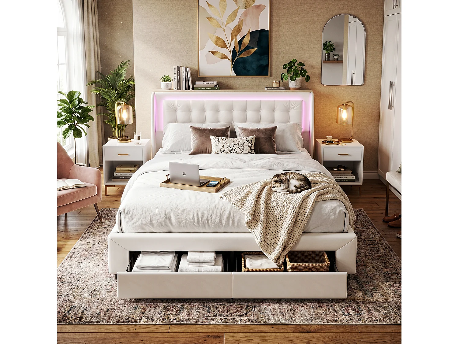DreamMespace Lit Coffre 140x190 cm avec 2 Tiroirs - Lit Double Hydraulique avec Tête de Lit LED, Velours Beige