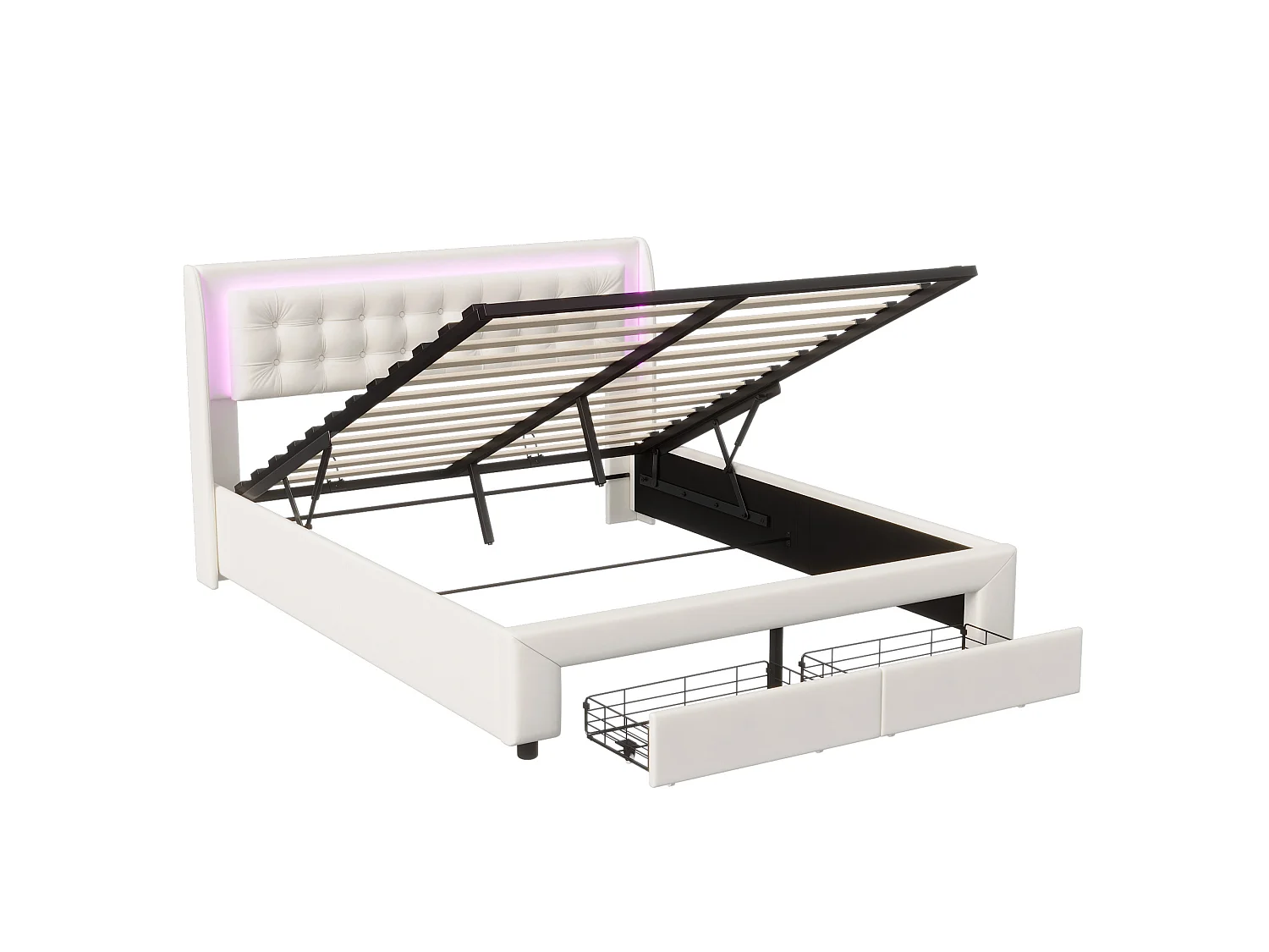 DreamMespace Lit Coffre 140x190 cm avec 2 Tiroirs - Lit Double Hydraulique avec Tête de Lit LED, Velours Beige