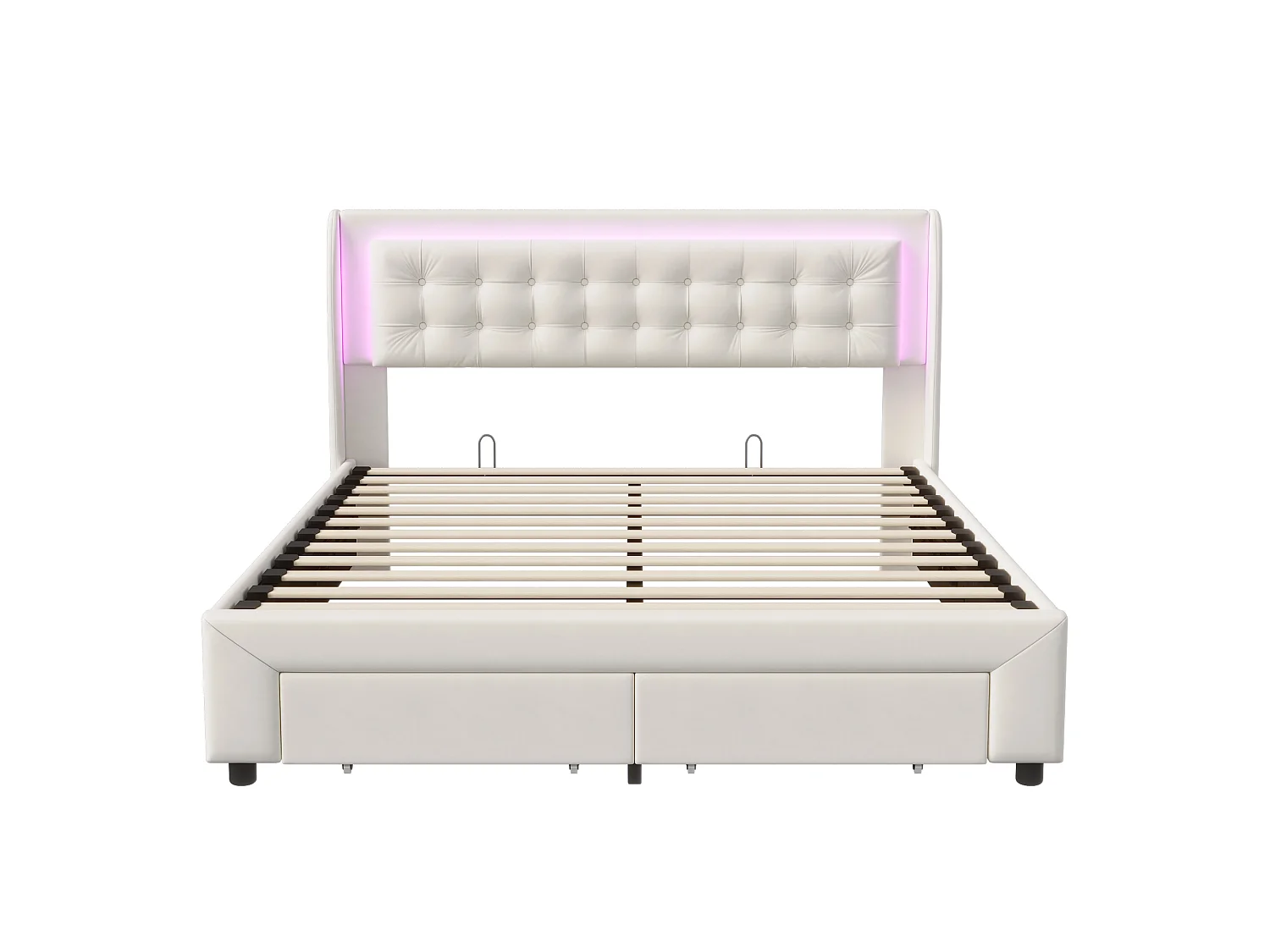 DreamMespace Lit Coffre 140x190 cm avec 2 Tiroirs - Lit Double Hydraulique avec Tête de Lit LED, Velours Beige