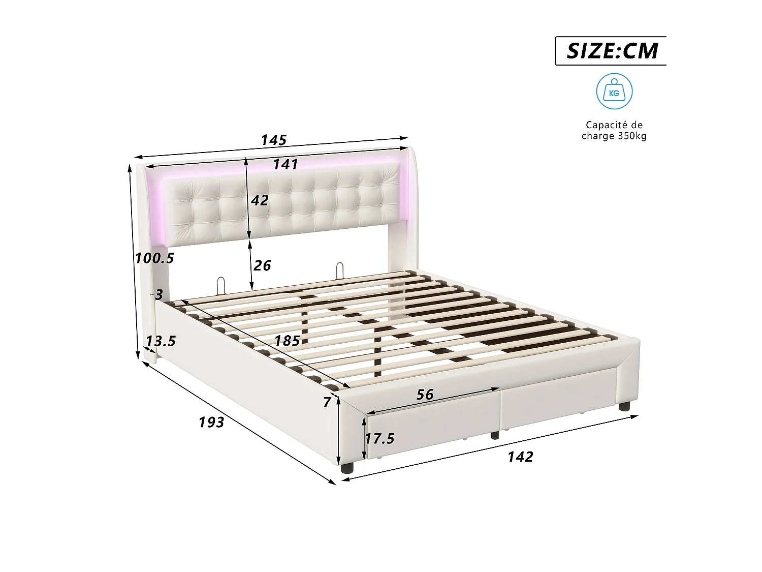 DreamMespace Lit Coffre 140x190 cm avec 2 Tiroirs - Lit Double Hydraulique avec Tête de Lit LED, Velours Beige