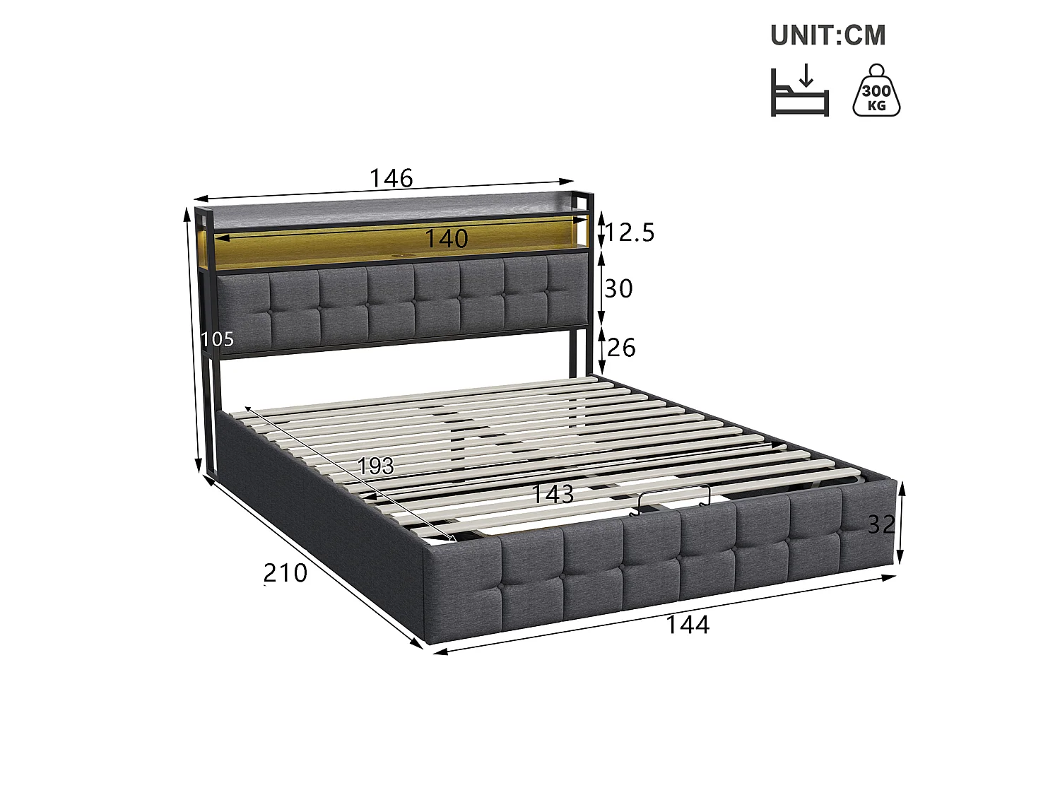 DreamMespace Lit Coffre 140x190 cm - Lit Double Hydraulique avec Tête de Lit Étagère LED & USB-C, Tissu Lin Gris