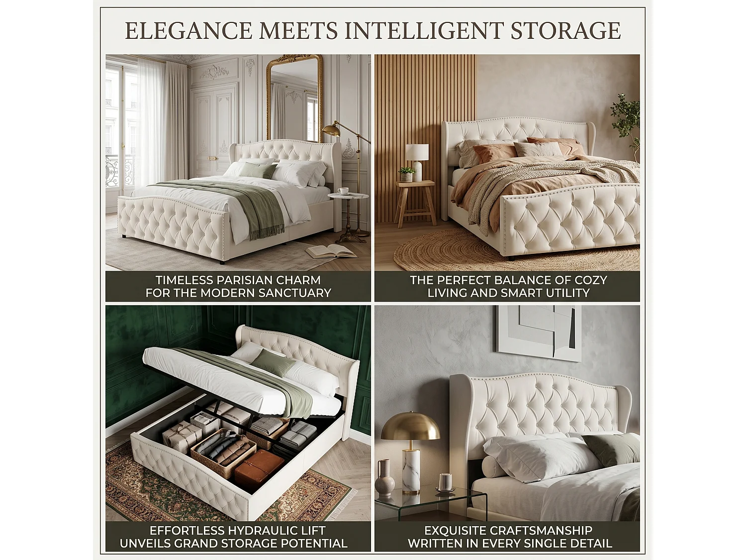 DreamMespace Lit Coffre 140x200 cm - Rangement Hydraulique avec Tête de Lit Vague & Rivets, Velours Beige