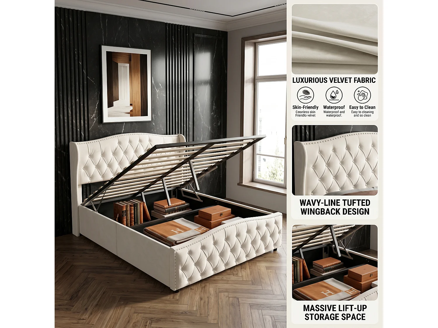 DreamMespace Lit Coffre 140x200 cm - Rangement Hydraulique avec Tête de Lit Vague & Rivets, Velours Beige