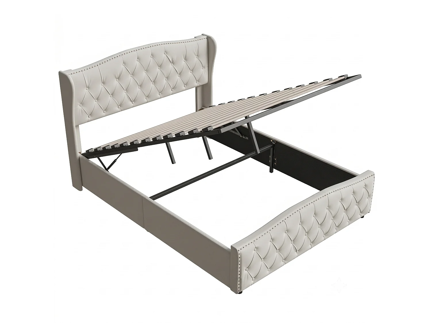 DreamMespace Lit Coffre 140x200 cm - Rangement Hydraulique avec Tête de Lit Vague & Rivets, Velours Beige