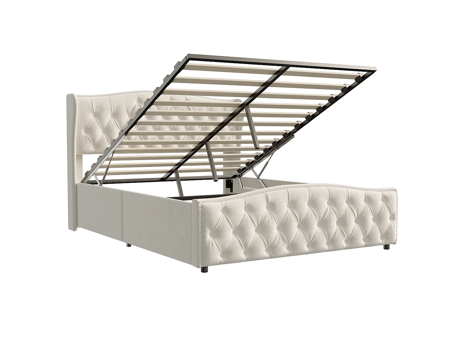 DreamMespace Lit Coffre 140x200 cm - Rangement Hydraulique avec Tête de Lit Vague & Rivets, Velours Beige