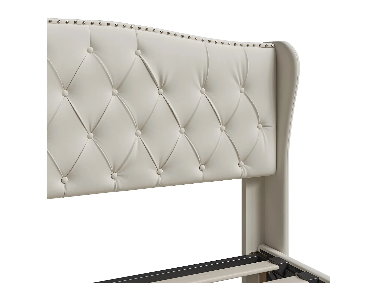 DreamMespace Lit Coffre 140x200 cm - Rangement Hydraulique avec Tête de Lit Vague & Rivets, Velours Beige