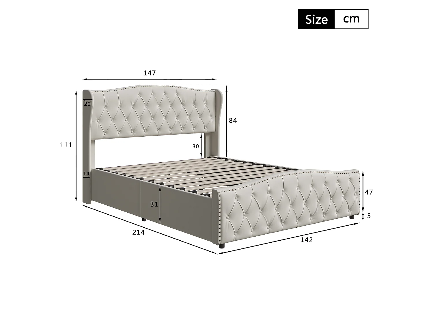 DreamMespace Lit Coffre 140x200 cm - Rangement Hydraulique avec Tête de Lit Vague & Rivets, Velours Beige