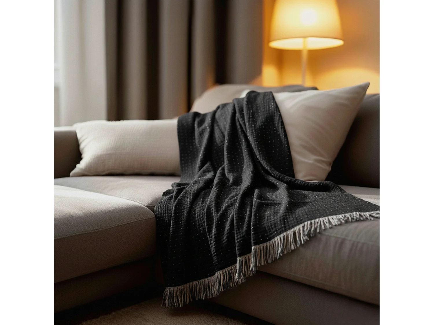 Couverture plaid BITALD en coton 100 % - Noir avec franges - 130x170 cm - SACASA