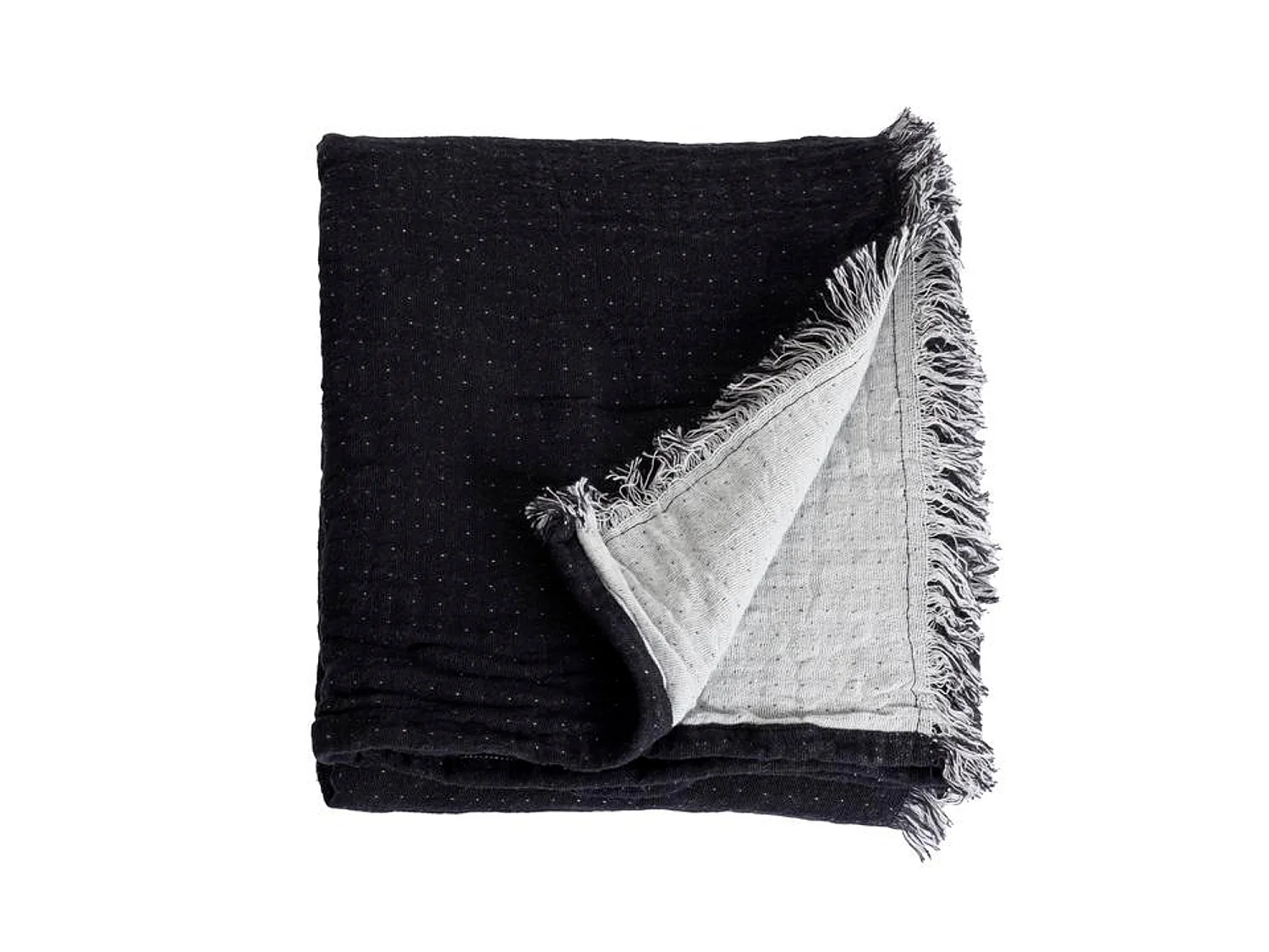 Couverture plaid BITALD en coton 100 % - Noir avec franges - 130x170 cm - SACASA