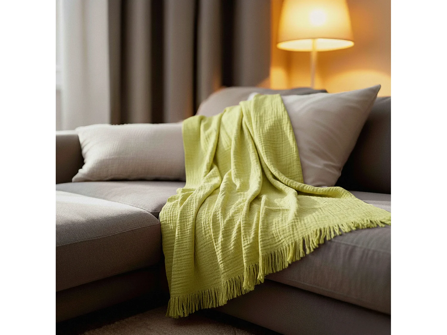 Couverture plaid 100% coton vert citron avec franges 130x170cm BITALD - SACASA