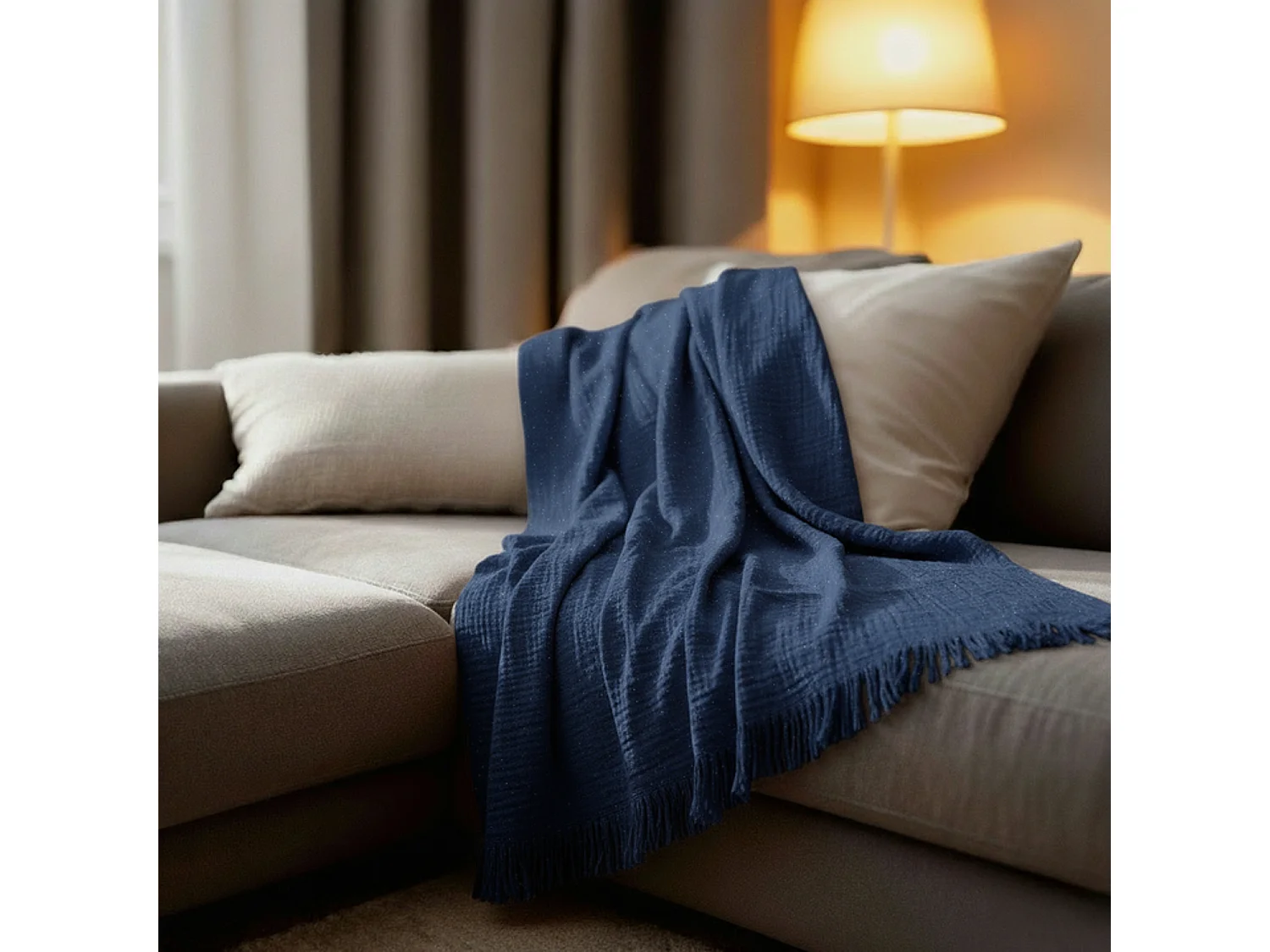 Couverture plaid 100% coton bleu marine avec franges 130x170cm BITALD - SACASA