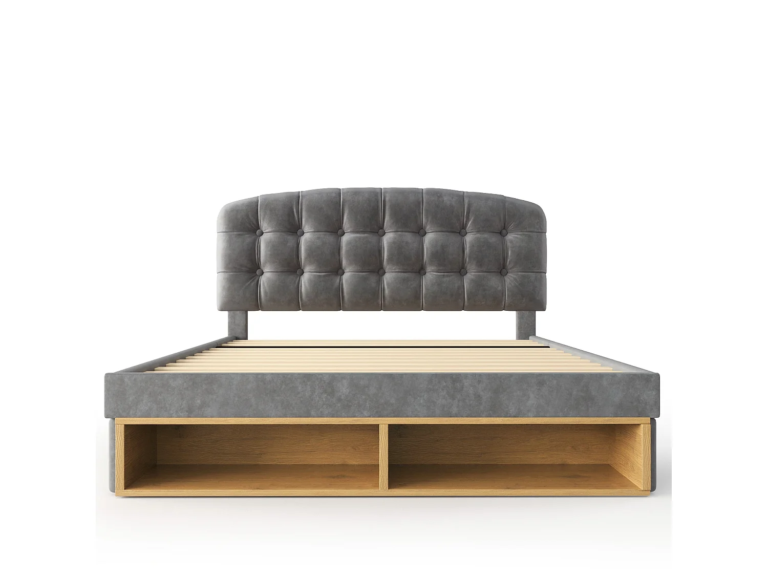 Lit double capitonné 140x200 cm, velours gris, avec rangement à tiroirs et étagères, tête de lit réglable, sans matelas