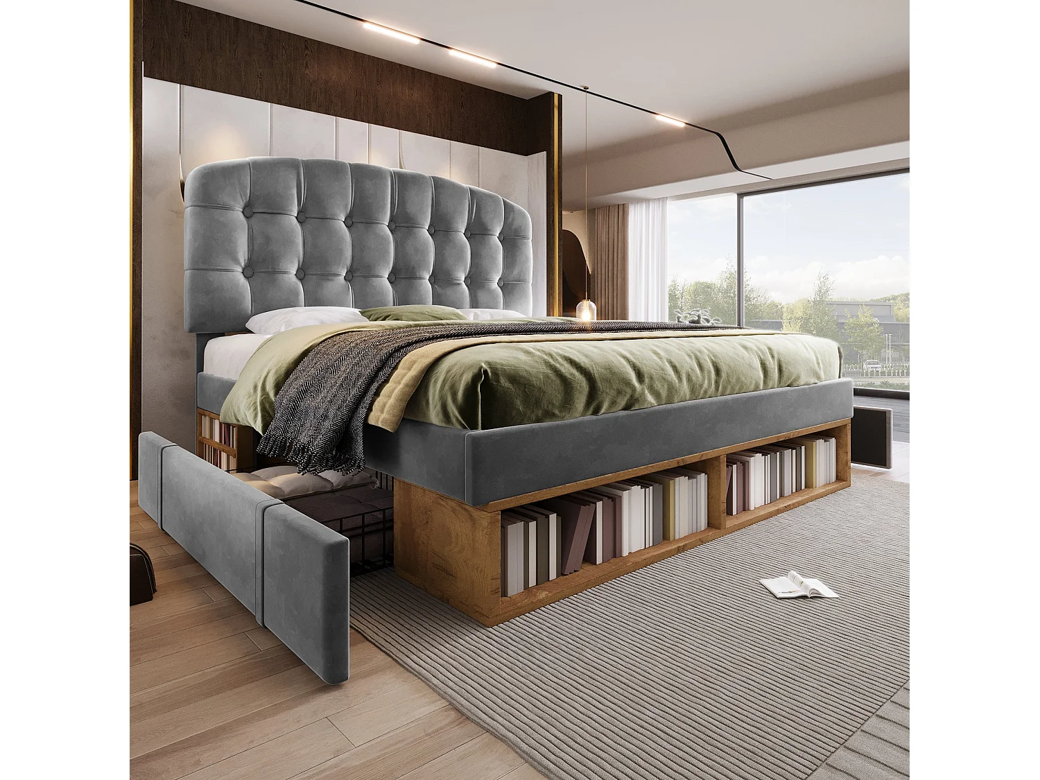 Lit double capitonné 140x200 cm, velours gris, avec rangement à tiroirs et étagères, tête de lit réglable, sans matelas