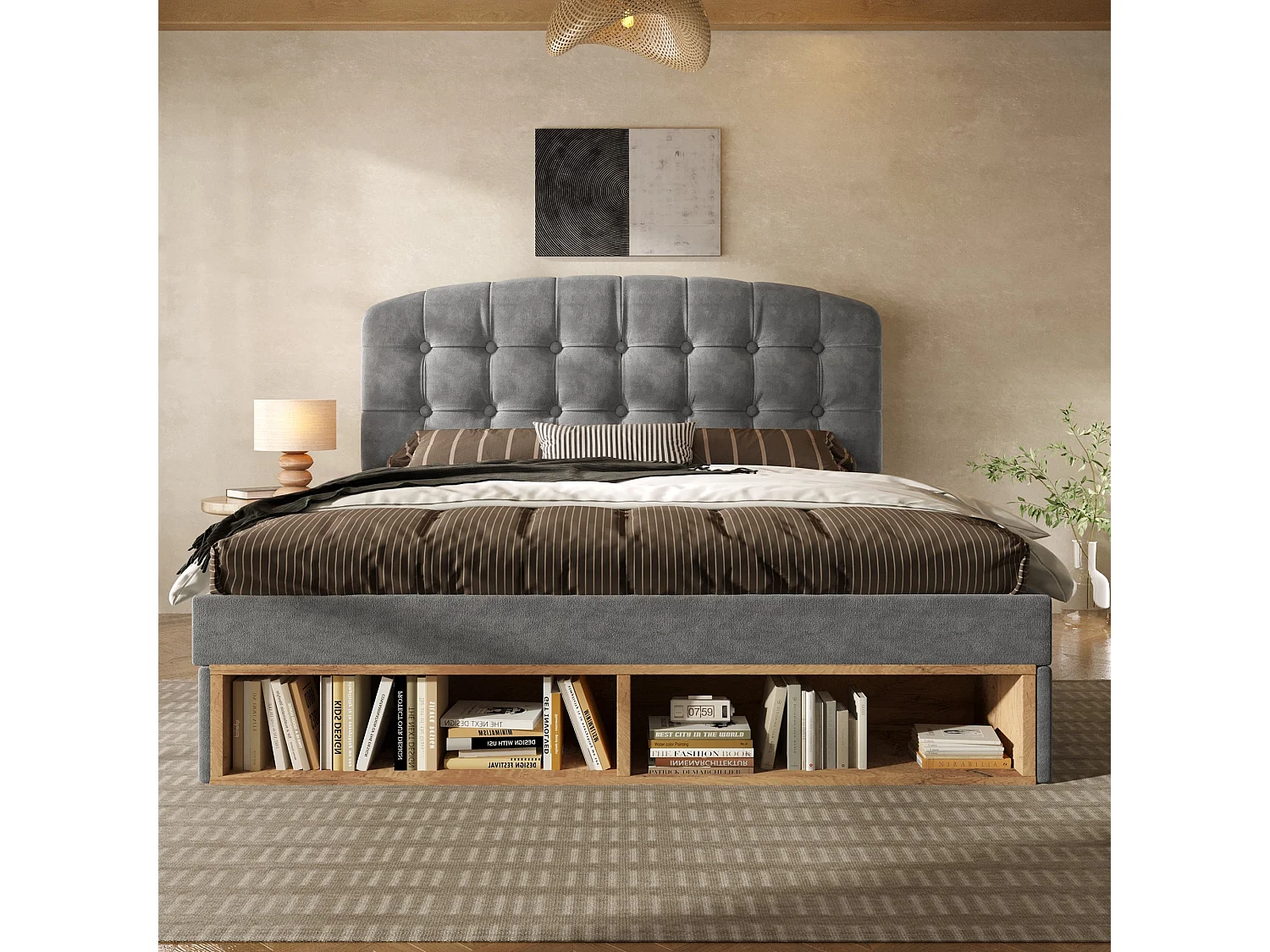 Lit double capitonné 140x200 cm, velours gris, avec rangement à tiroirs et étagères, tête de lit réglable, sans matelas