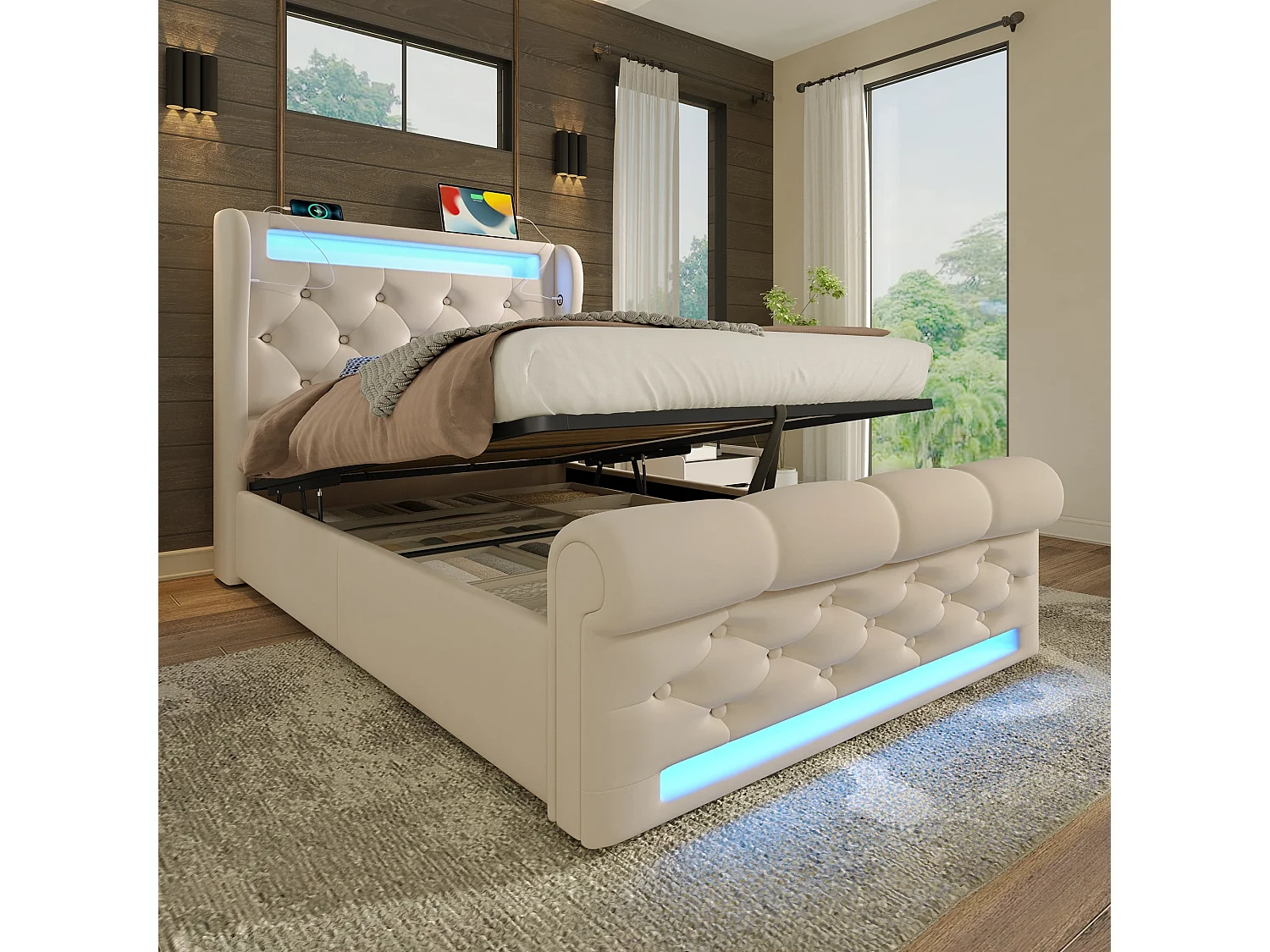 Lit simple capitonné 90x200 cm, velours beige, avec LED, ports USB et Type-C, rangement hydraulique, sans matelas